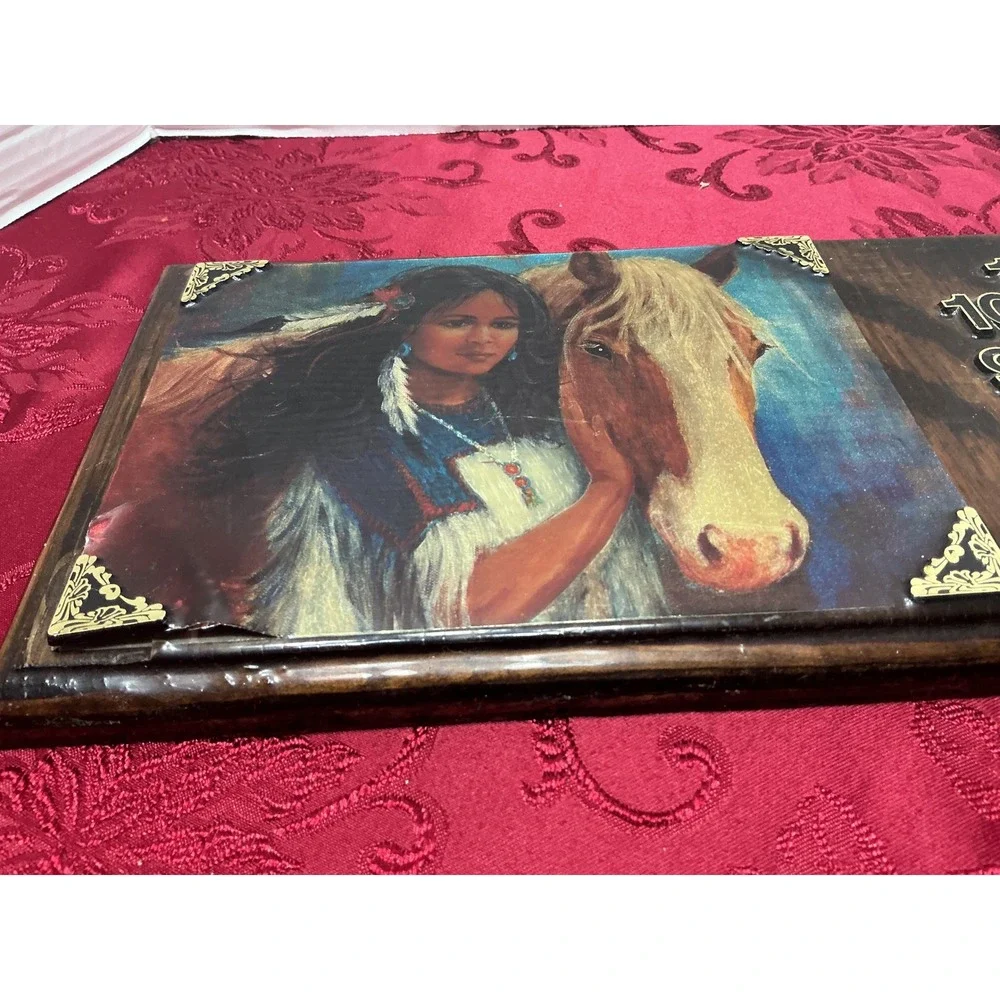 Used Vintage Western Native American Woman and Horse Wood Wall Clock Rustic Deco